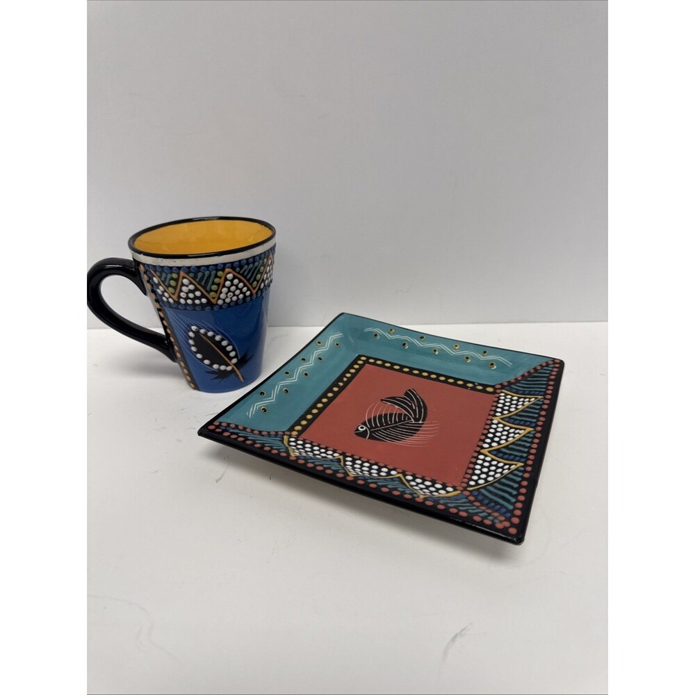 Mfuneko Dingiswayo South African Art Pottery Plate & Mug Set Signed 2005